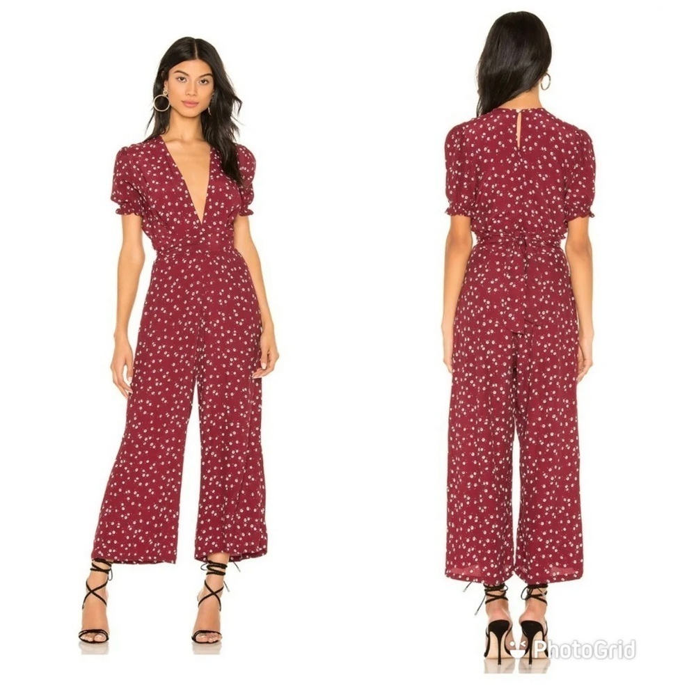 Faithfull The Brand Bonnie Jumpsuit V Neck Red Floral Daisy Short Sleeve Sz 4‎